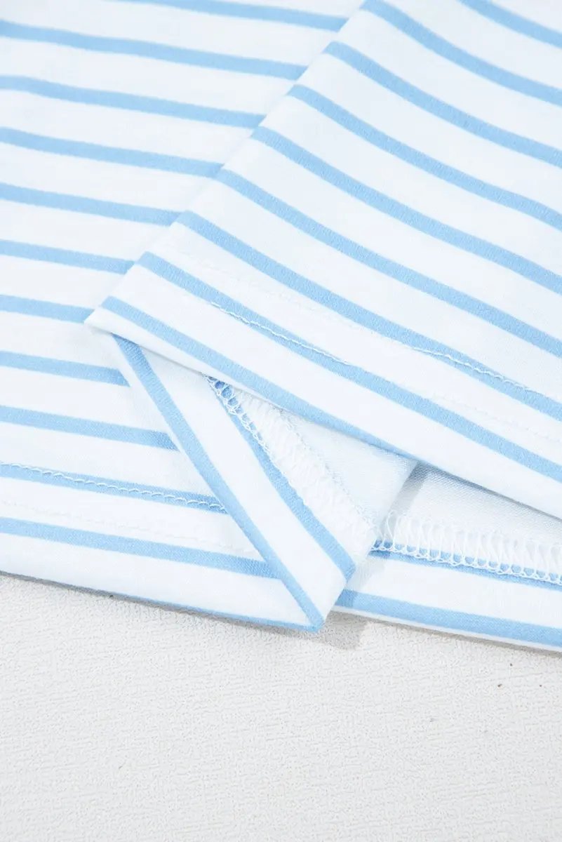 Sky Blue Stripe Three Quarter Floral Puff Sleeve Patchwork Drop Shoulder Top - Love Salve